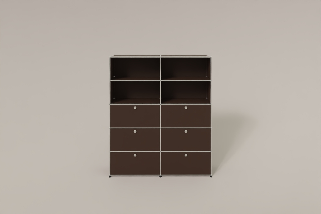 USM Haller Schrank/Regal mit 6 Klapptüren und offenen Fächern.