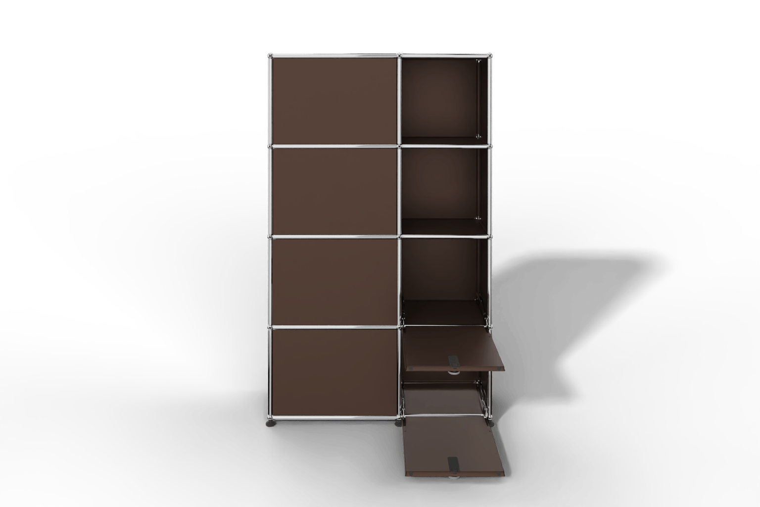 Seitlich geöffnete Garderobe mit Fächern und Klapptüren Produktbild