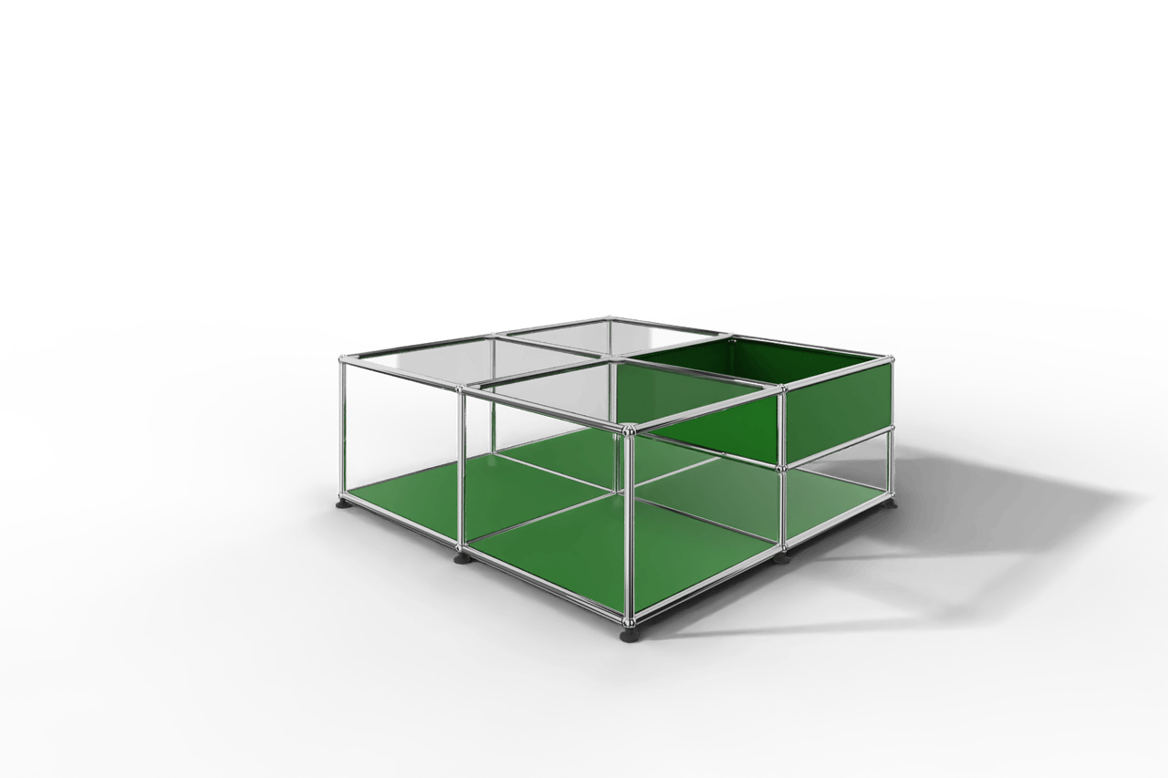 Quadratischer Couchtisch mit Glastablaren und Ablagefach Produktbild