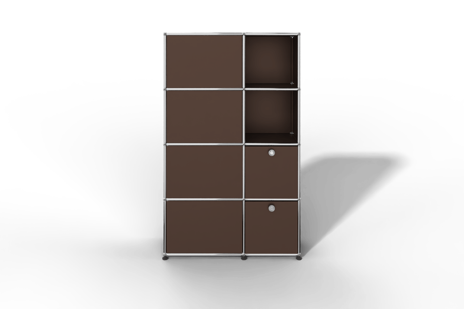 Seitlich geöffnete Garderobe mit Fächern und Klapptüren Produktbild