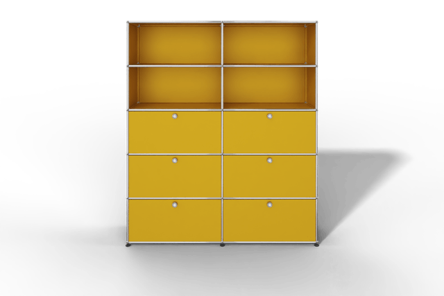 USM Haller Schrank/Regal mit 6 Klapptüren und offenen Fächern.