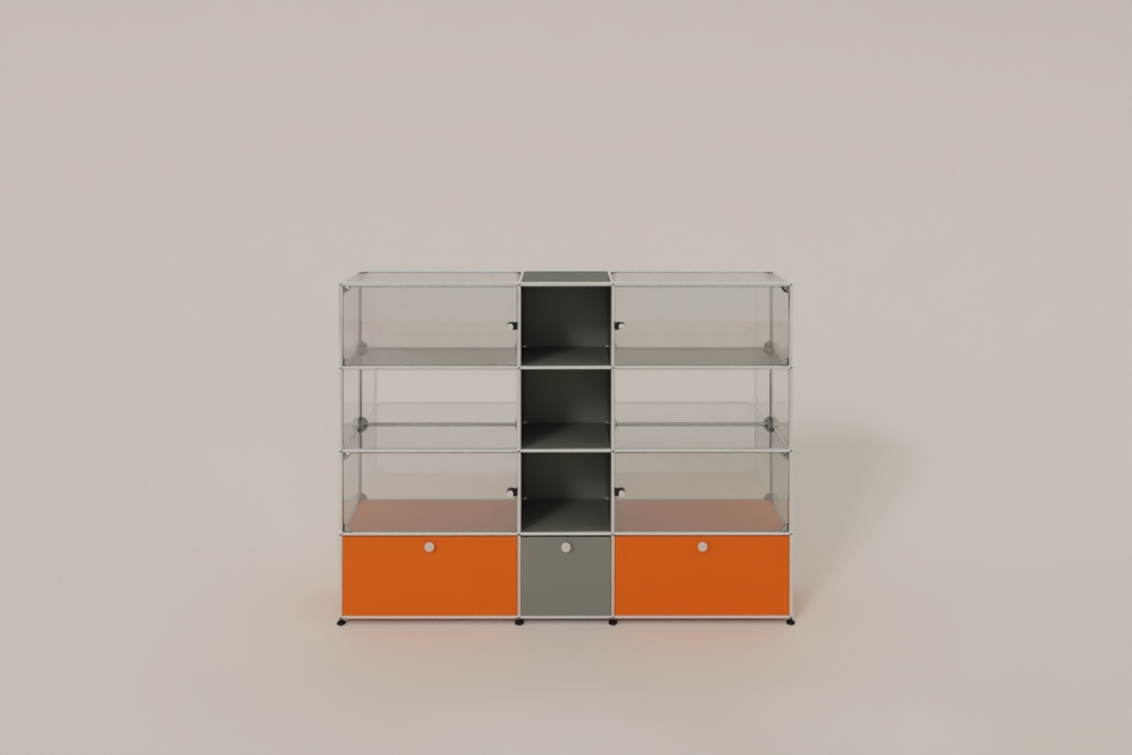 USM Haller Glasvitrine mit 4 Glastüren und 3 Klapptüren