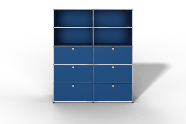 USM Haller Schrank/Regal mit 6 Klapptüren und offenen Fächern.