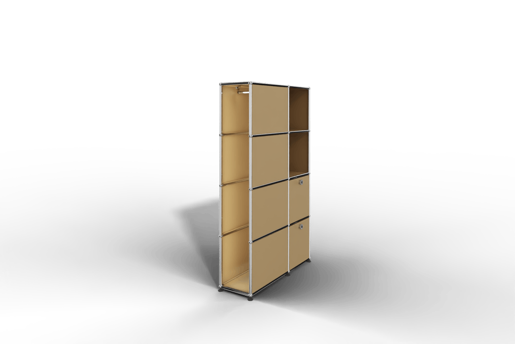 Seitlich geöffnete Garderobe mit Fächern und Klapptüren Produktbild