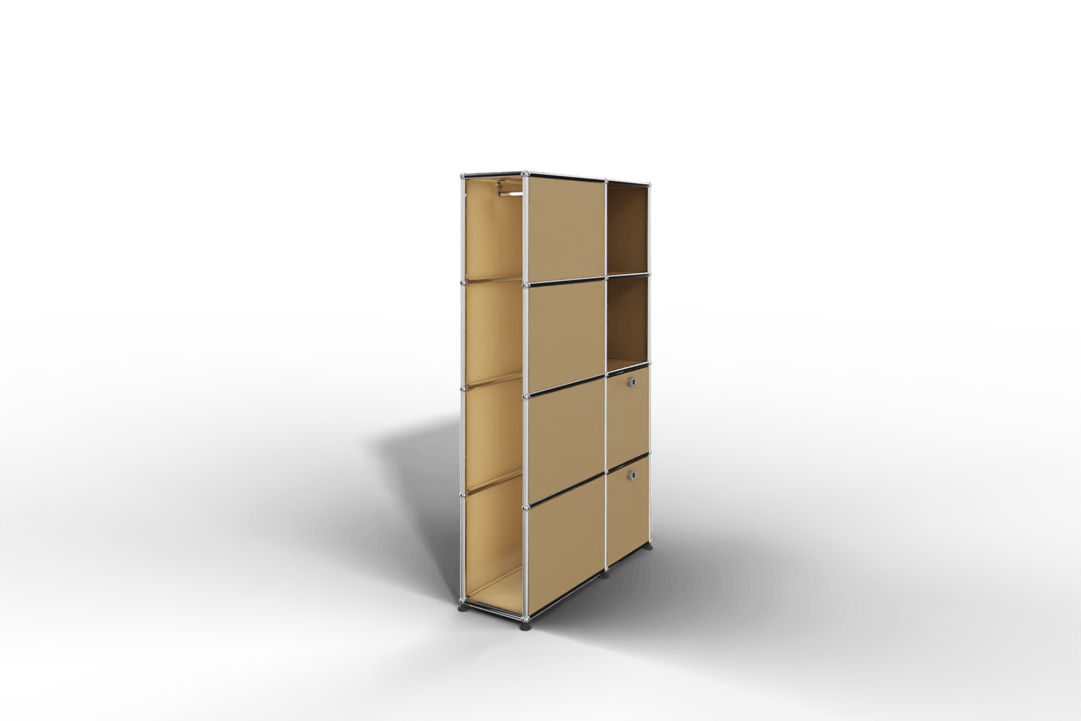 Seitlich geöffnete Garderobe mit Fächern und Klapptüren Produktbild