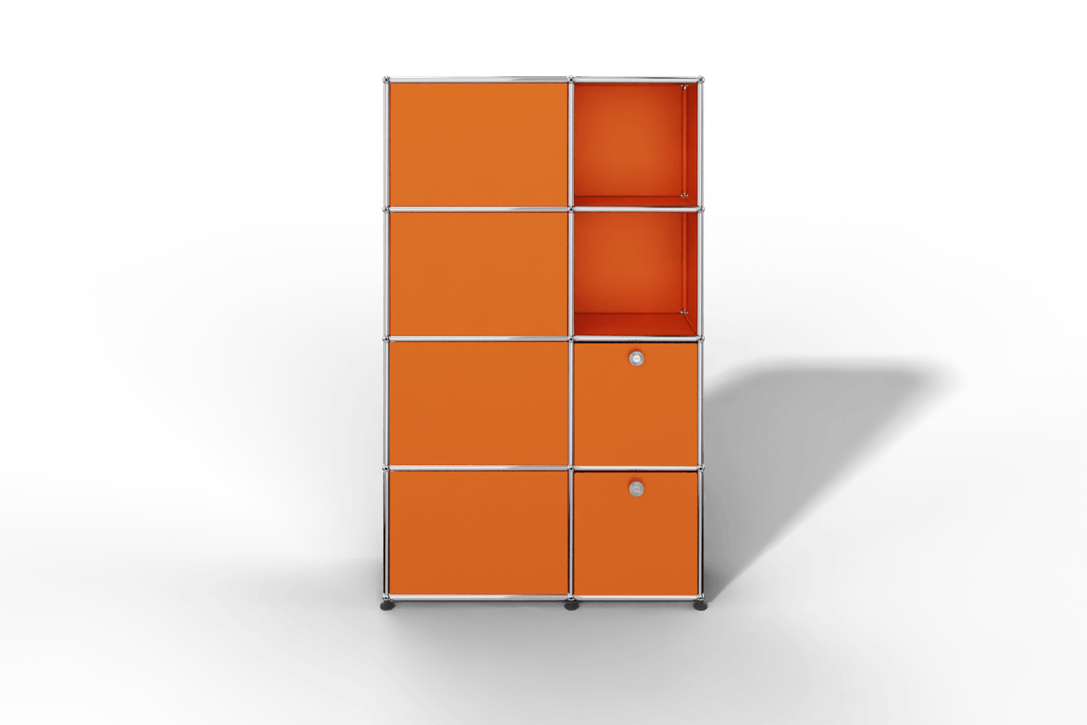 Seitlich geöffnete Garderobe mit Fächern und Klapptüren Produktbild