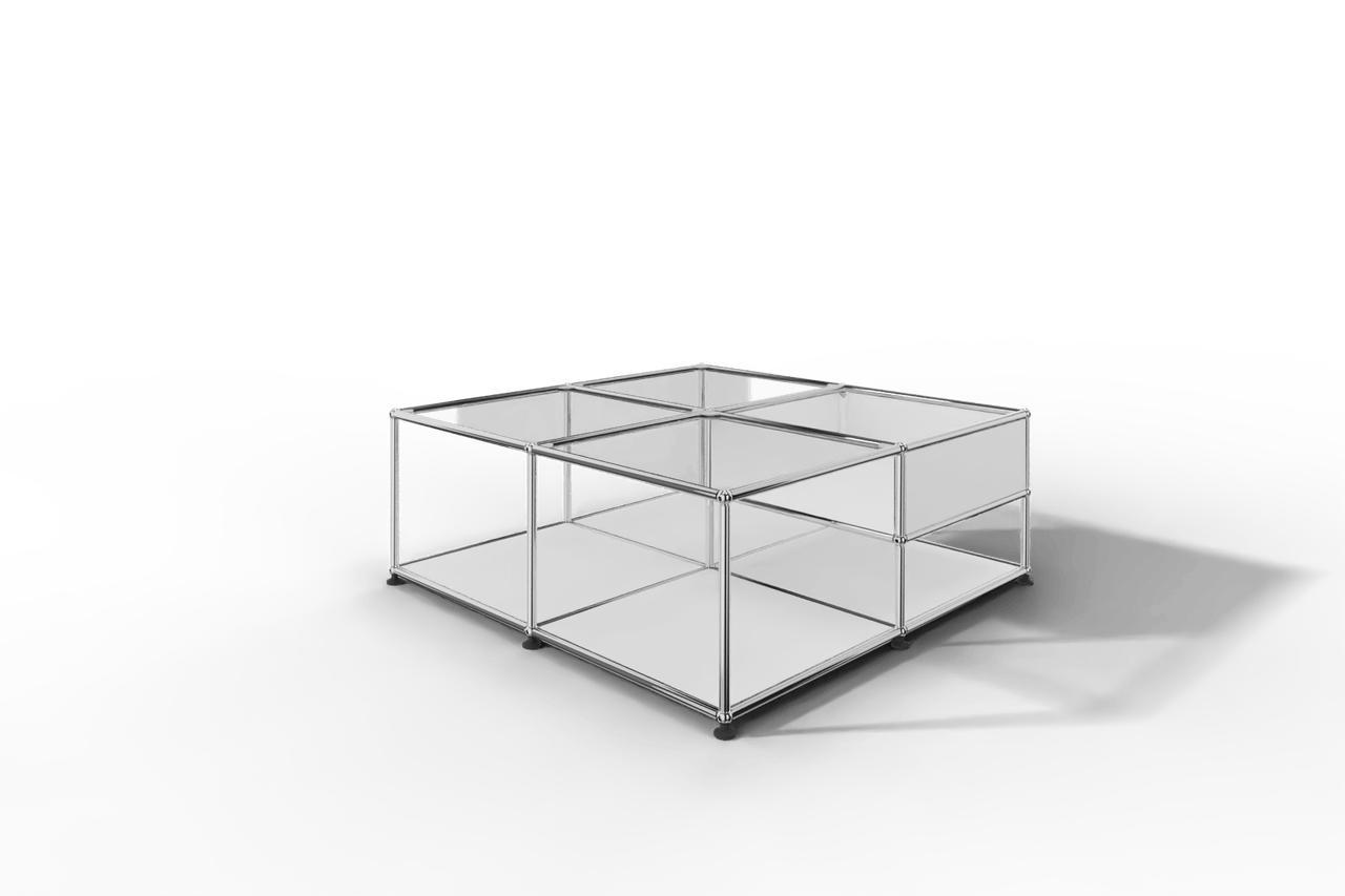 Quadratischer Couchtisch mit Glastablaren und Ablagefach Produktbild