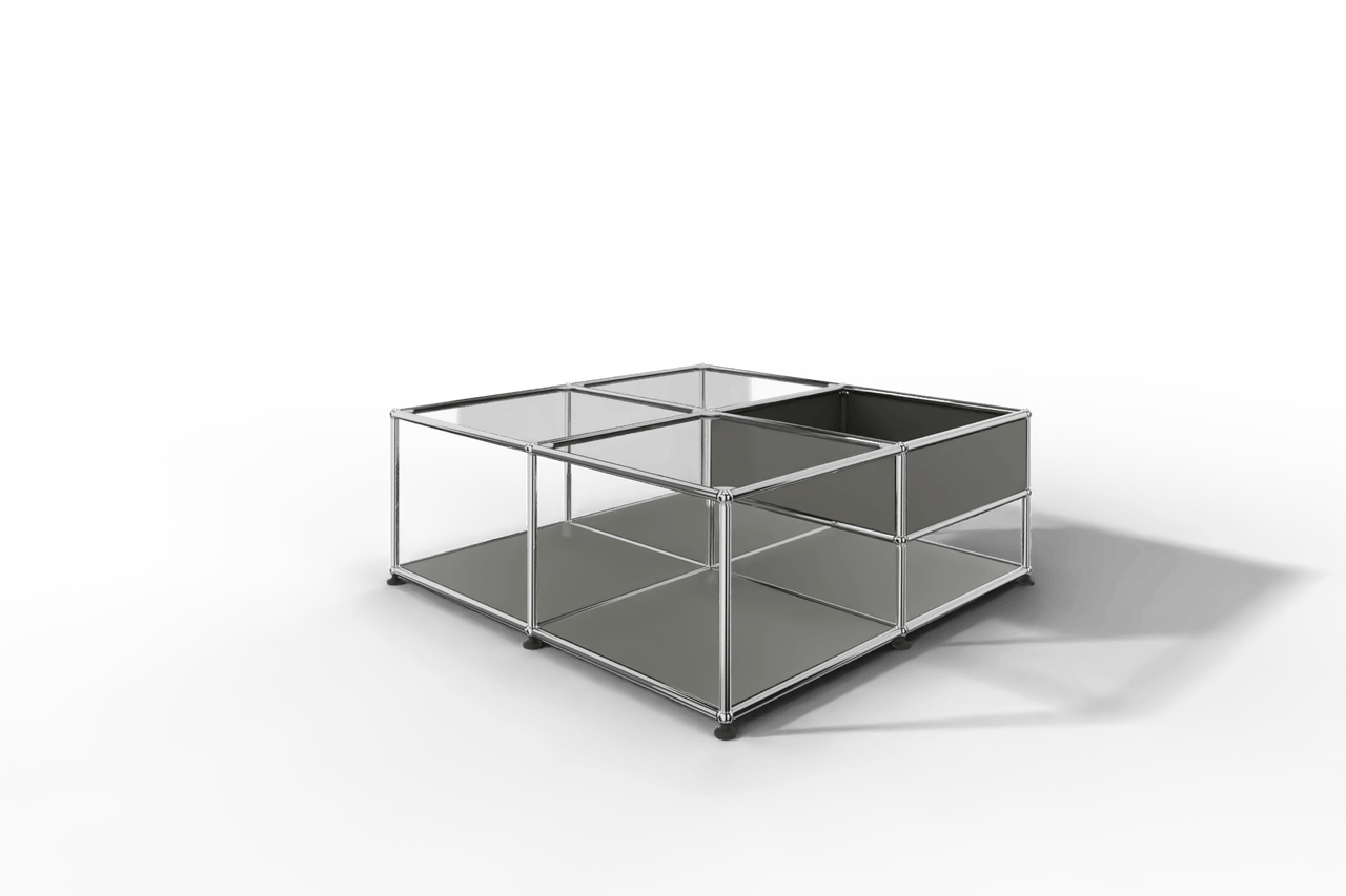 Quadratischer Couchtisch mit Glastablaren und Ablagefach Produktbild