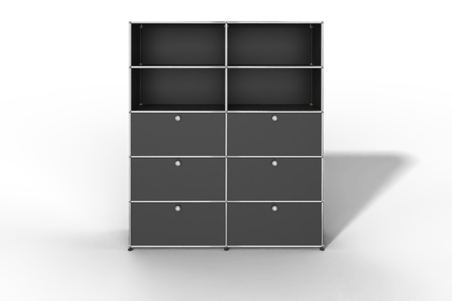 USM Haller Schrank/Regal mit 6 Klapptüren und offenen Fächern.