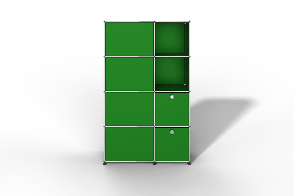 Seitlich geöffnete Garderobe mit Fächern und Klapptüren Produktbild