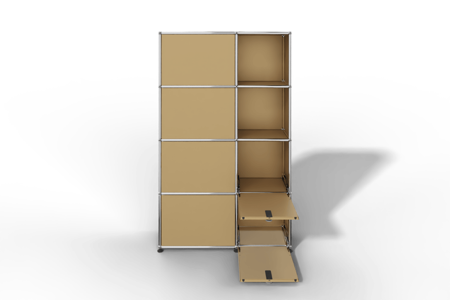 Seitlich geöffnete Garderobe mit Fächern und Klapptüren Produktbild