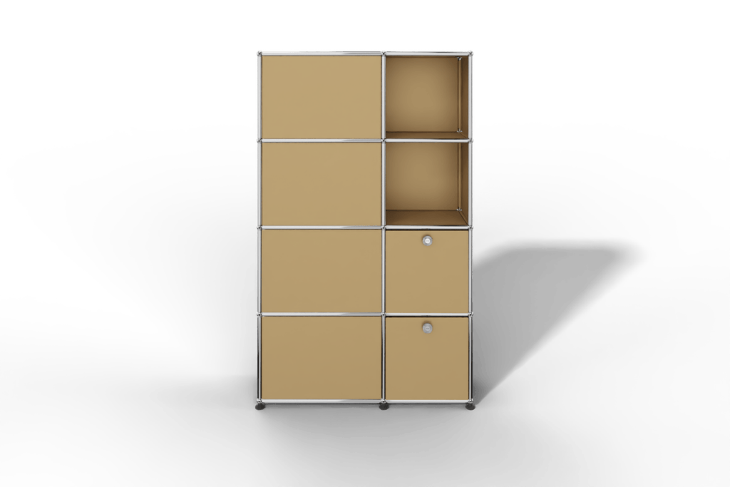 Seitlich geöffnete Garderobe mit Fächern und Klapptüren Produktbild