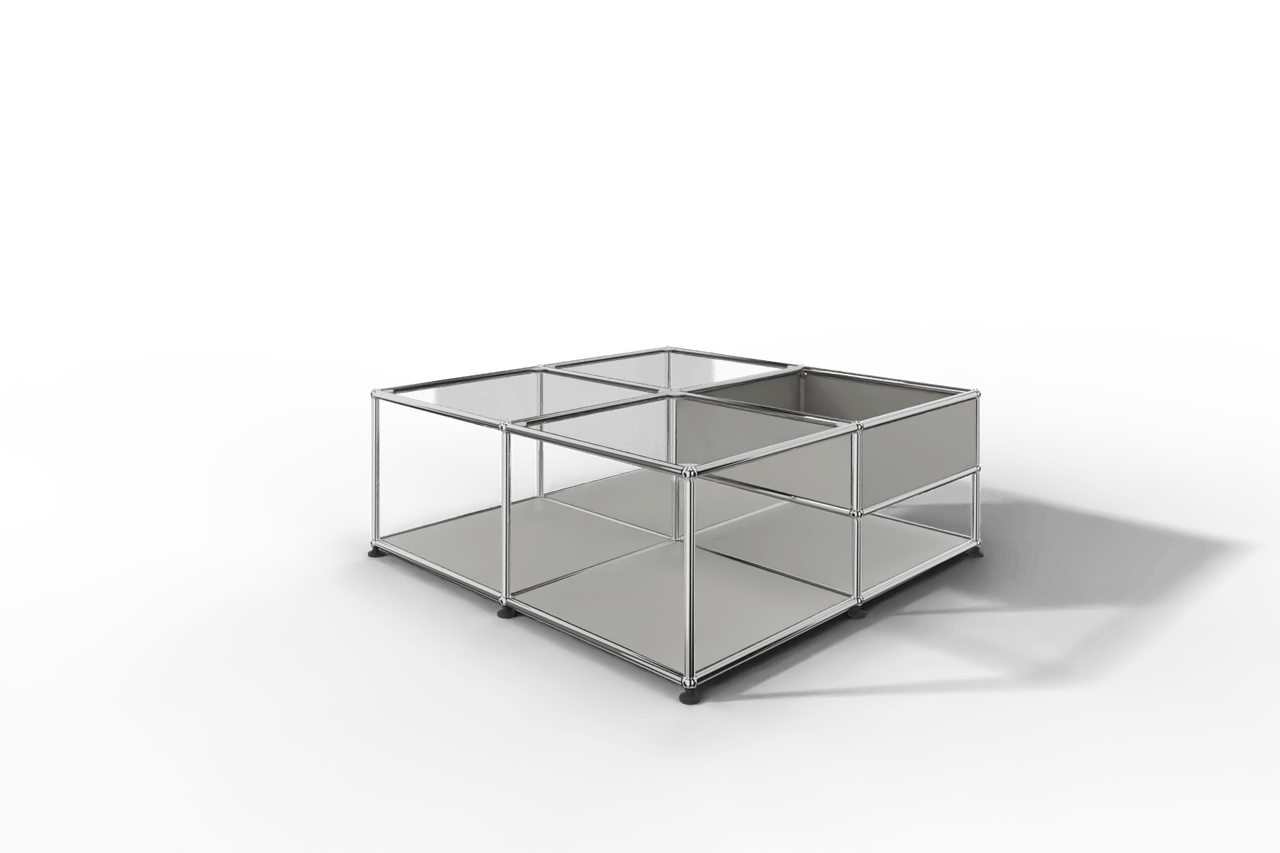 Quadratischer Couchtisch mit Glastablaren und Ablagefach Produktbild