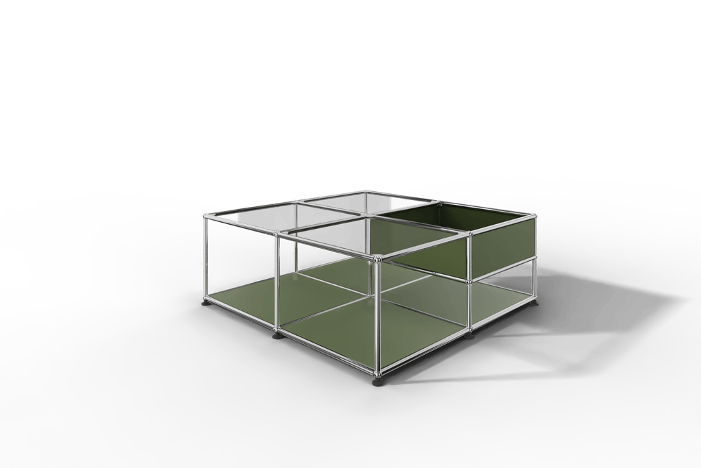 Quadratischer Couchtisch mit Glastablaren und Ablagefach Produktbild