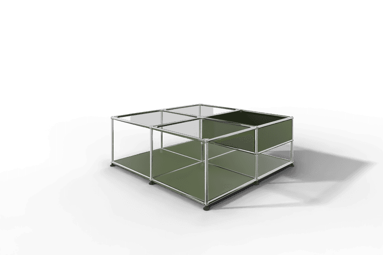 Quadratischer Couchtisch mit Glastablaren und Ablagefach Produktbild