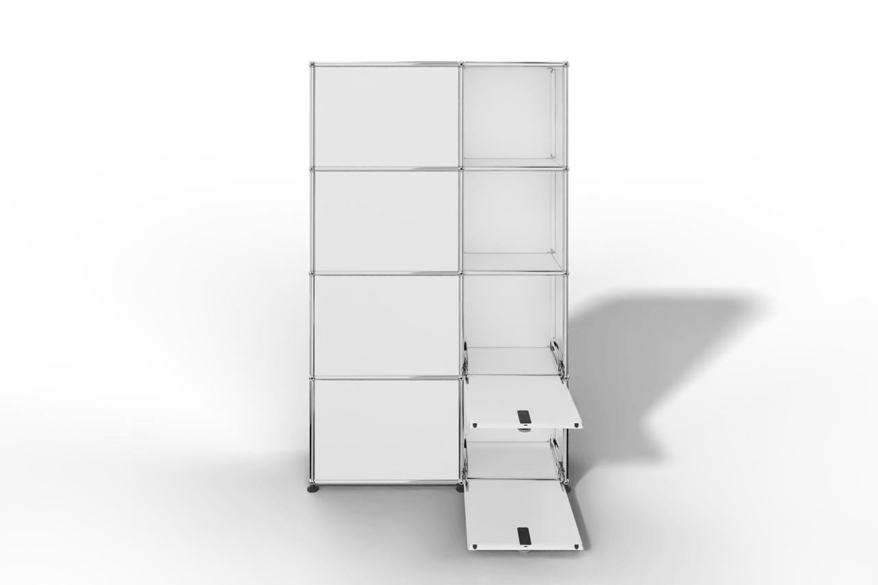 Seitlich geöffnete Garderobe mit Fächern und Klapptüren Produktbild