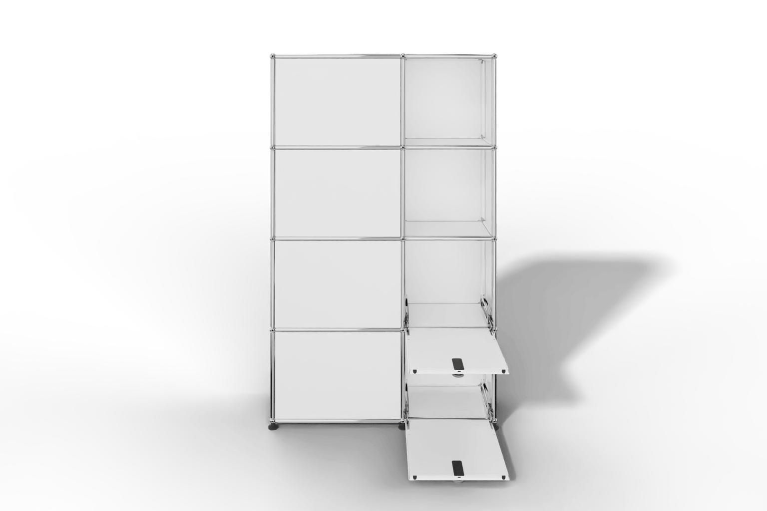 Seitlich geöffnete Garderobe mit Fächern und Klapptüren Produktbild