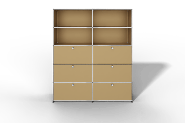 USM Haller Schrank/Regal mit 6 Klapptüren und offenen Fächern.