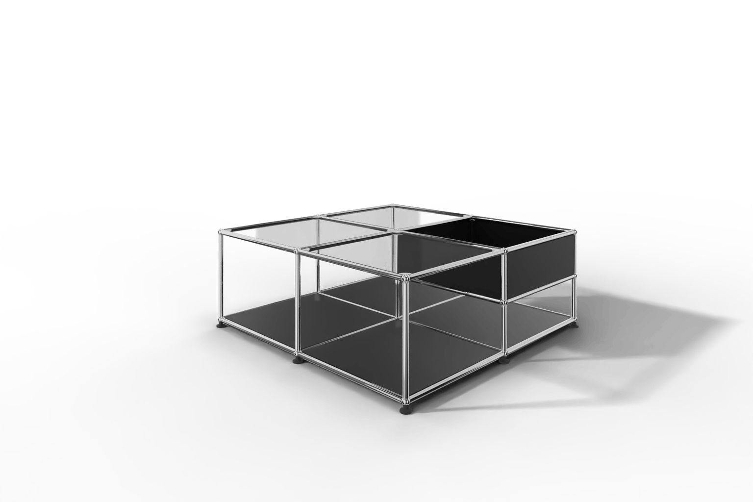 Quadratischer Couchtisch mit Glastablaren und Ablagefach Produktbild