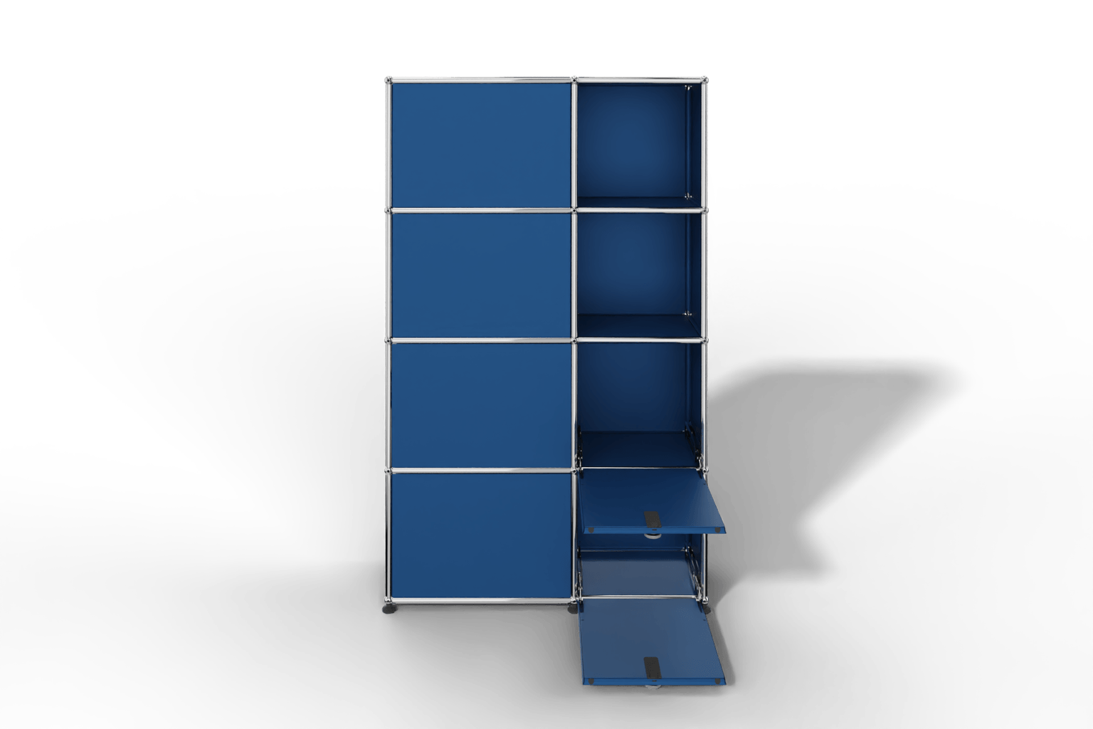 Seitlich geöffnete Garderobe mit Fächern und Klapptüren Produktbild