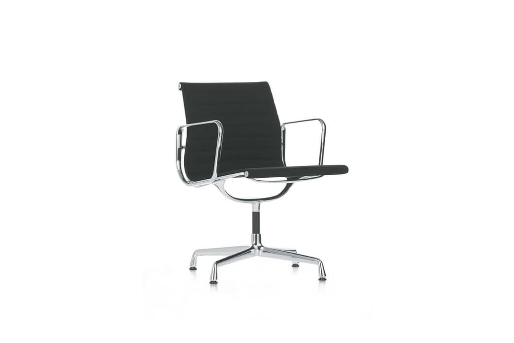 Aluminium Chair EA 108 mit Armlehne, Lederbezug in schwarz
