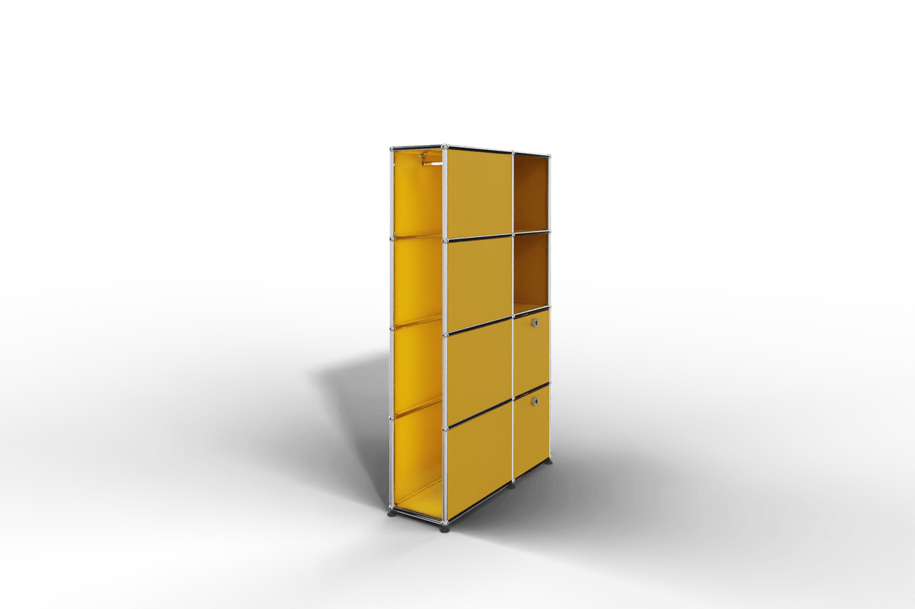 Seitlich geöffnete Garderobe mit Fächern und Klapptüren Produktbild