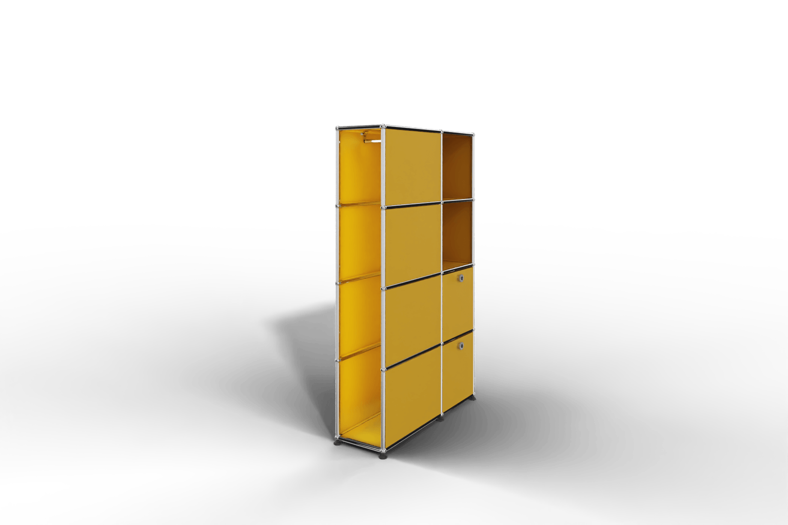 Seitlich geöffnete Garderobe mit Fächern und Klapptüren Produktbild