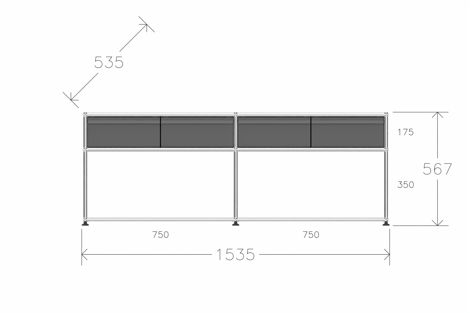 USM Haller Sideboard, mit 4 Schubladen A6 und 2 offenen Fächern. Tiefe 50 cm.
