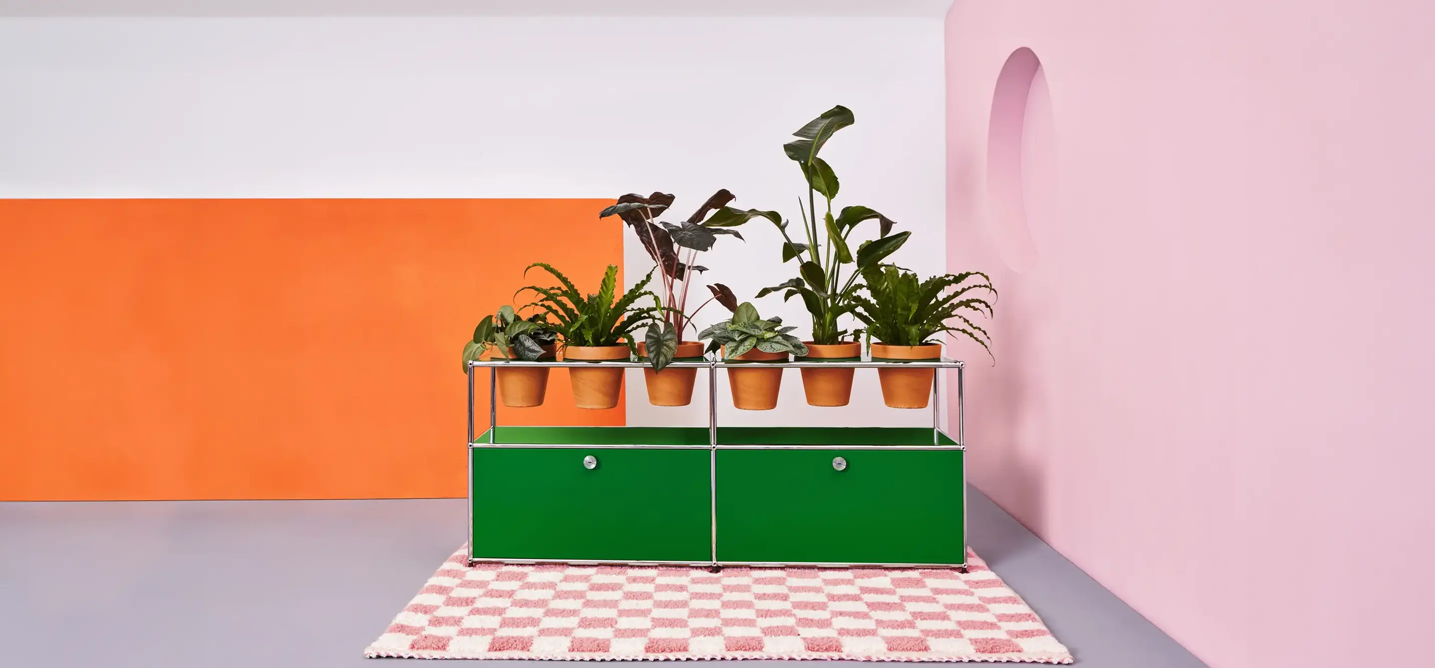 Grünes USM-Haller Sideboard mit Pflanzeneinlagen auf kariertem Teppich